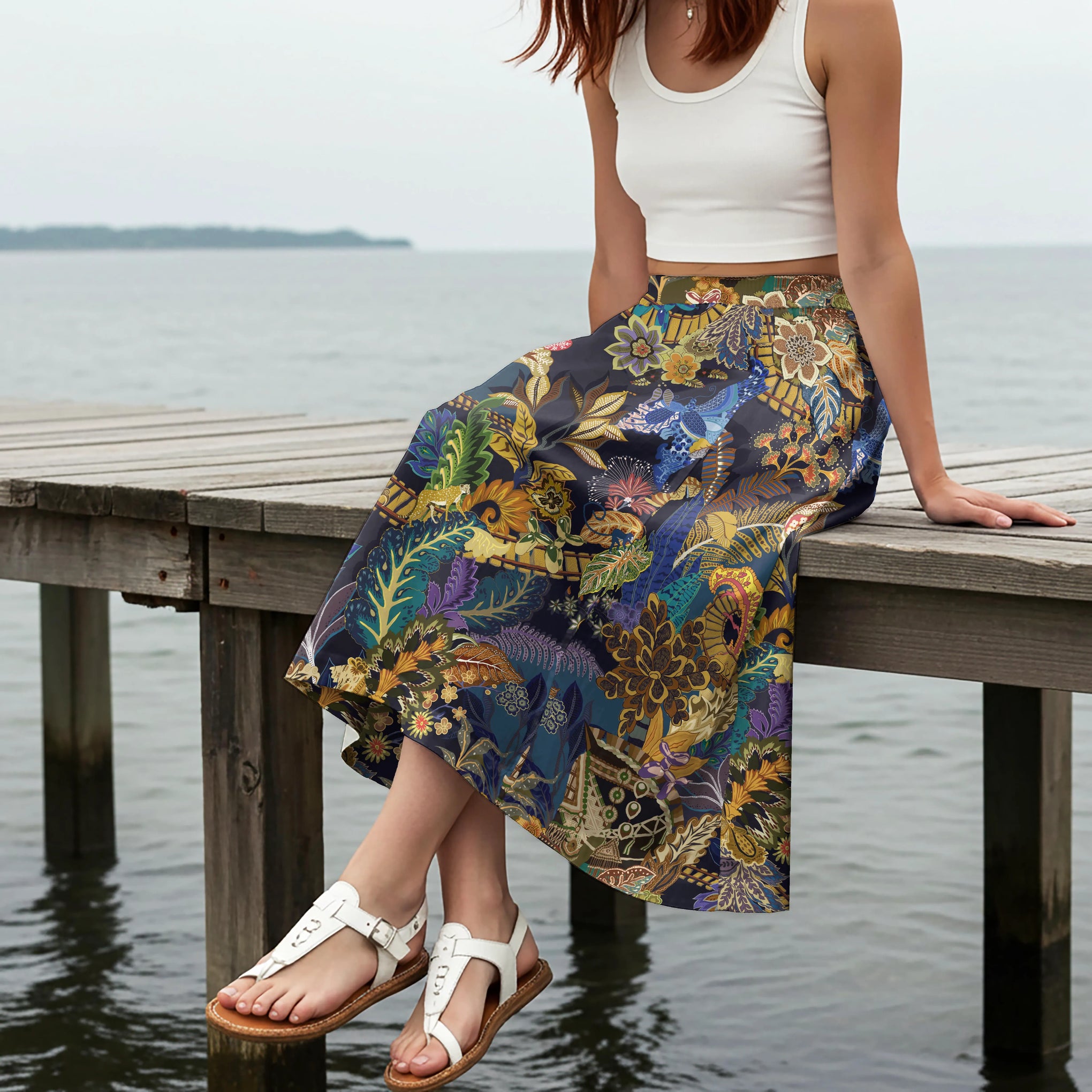 Women Casual Maxi Skirt Long Elastic Waist with Pockets 100% Cotton Brown Aloha Magic Plants Realm