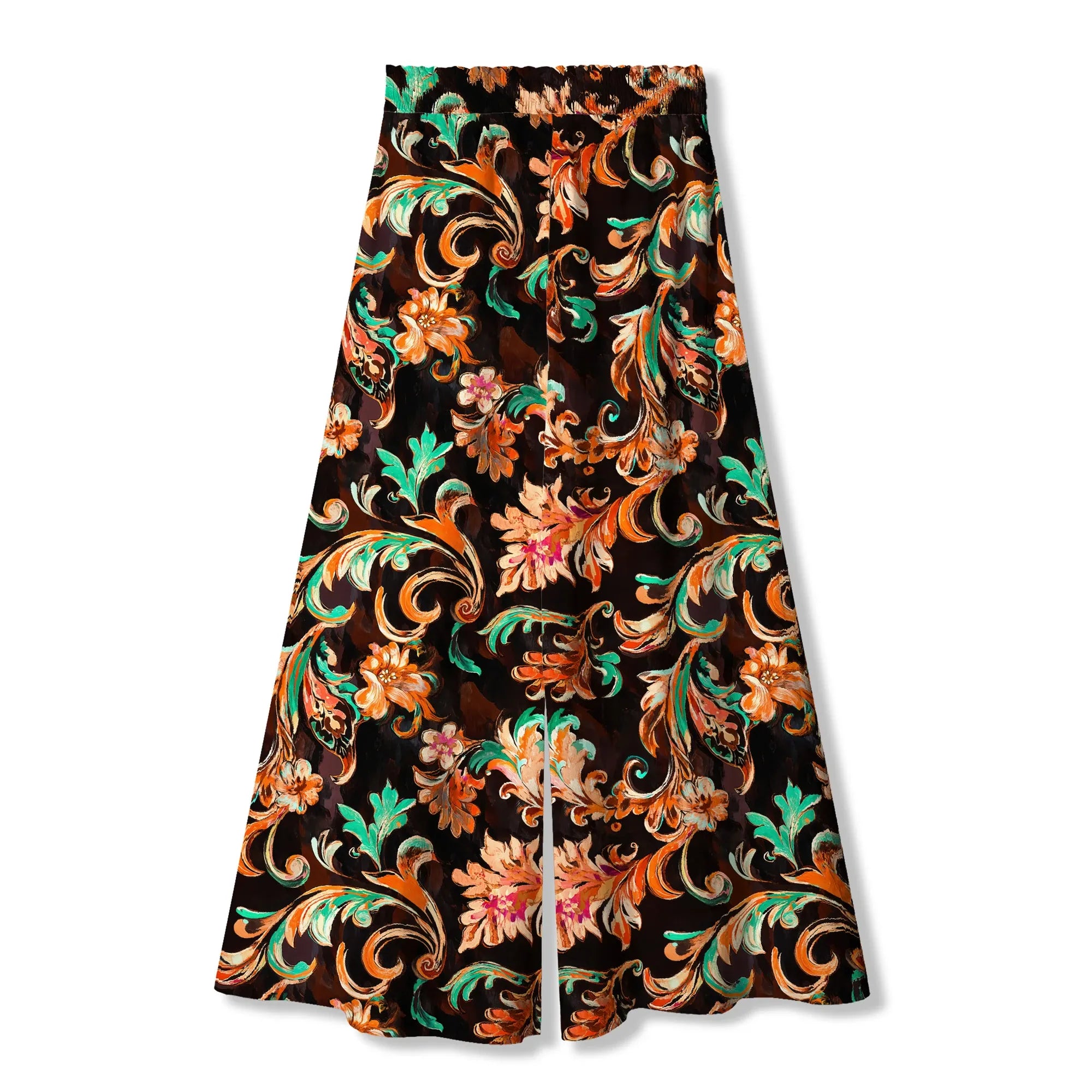 Brown floral palazzo pants, women's art-inspired fashion