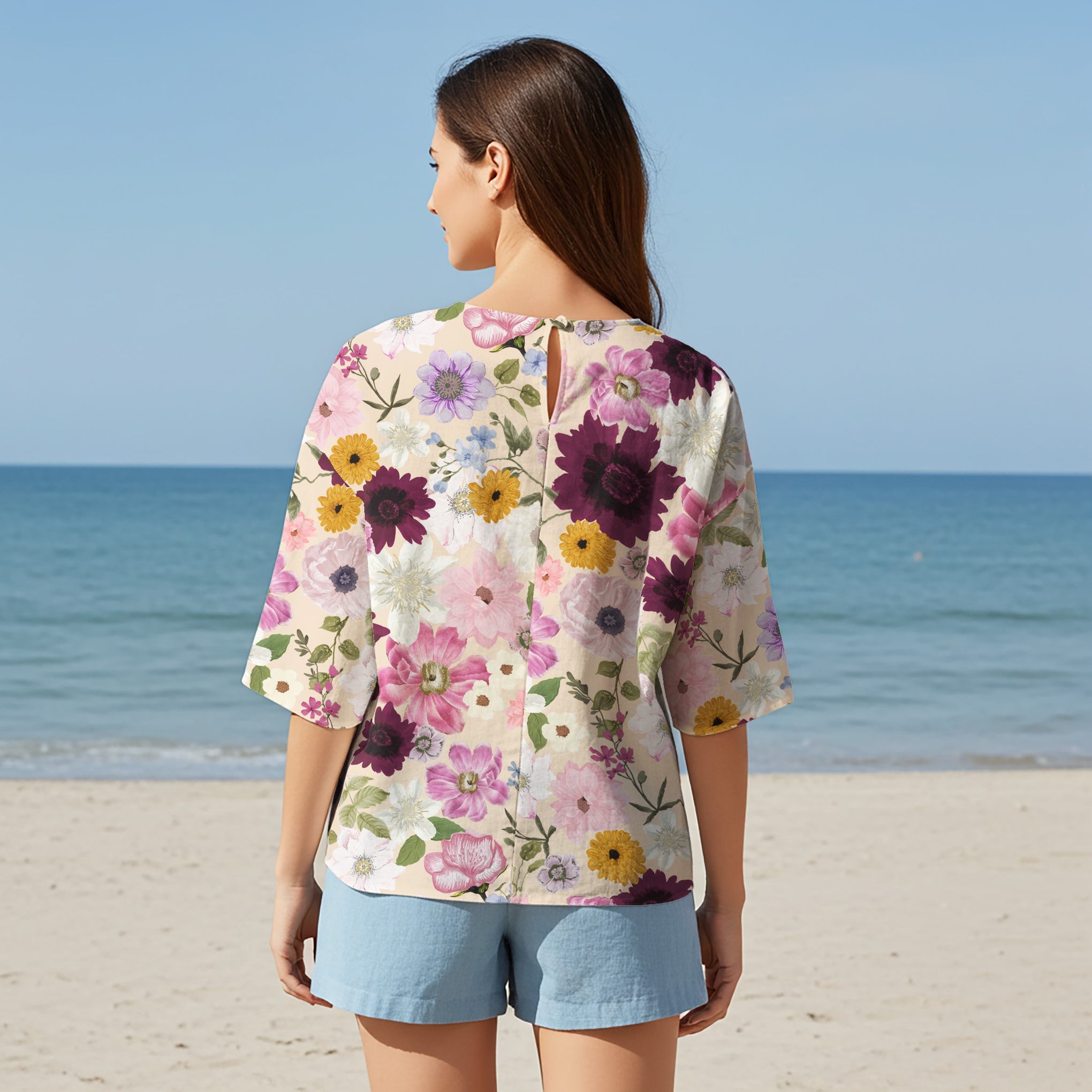 Women Casual Blouse Elbow Sleeve Round Neck Button-Back 95% Lyocell, 5% Linen Purple Aloha Powdery Purple Allure