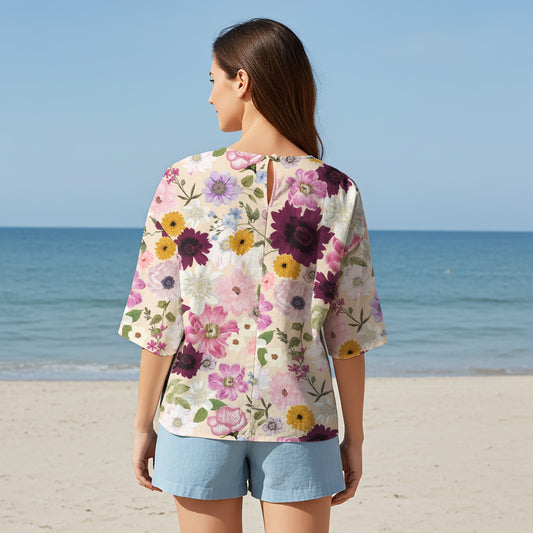 Women Casual Blouse Elbow Sleeve Round Neck Button-Back 95% Lyocell, 5% Linen Purple Aloha Powdery Purple Allure