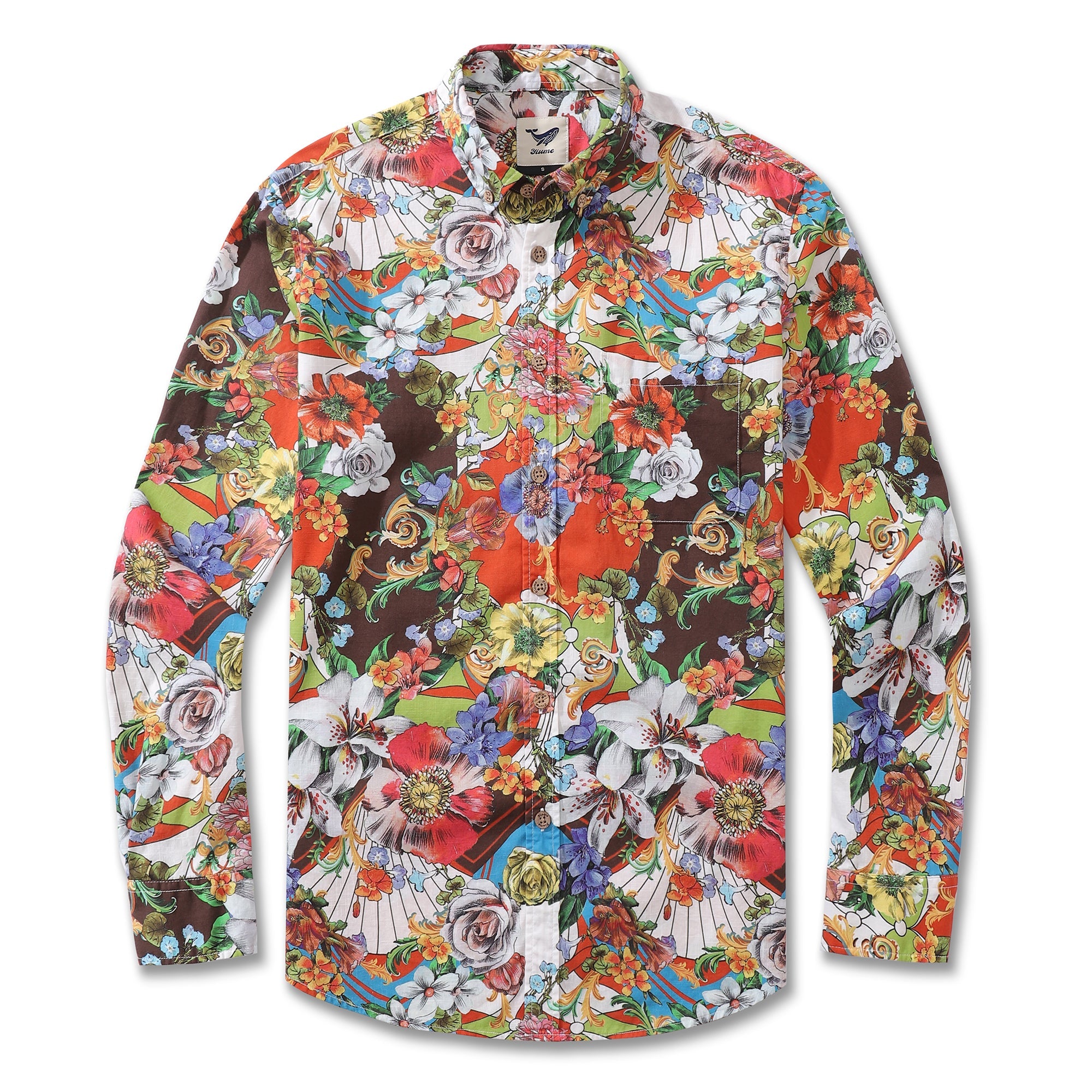 Men's Hawaiian Shirt Vibrant Blooms 1930s Vintage Long Sleeve Aloha Shirt