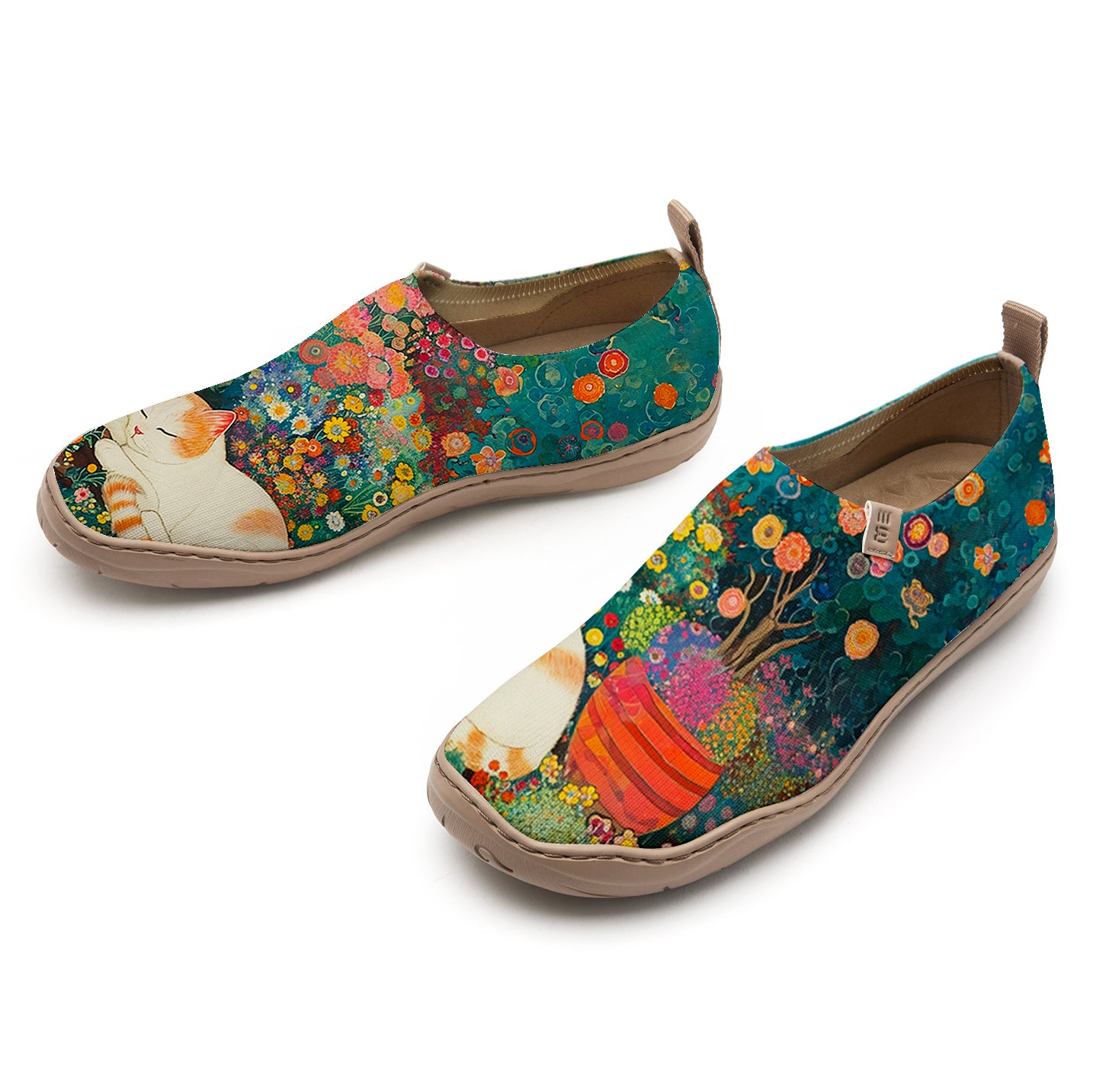 Yiume Frauenkunst Slip-on-Schuhe bequeme atmungsaktive Strick-Freizeitschuhe, schnurren Blütenblätter grüne Blume Kitty Meadow