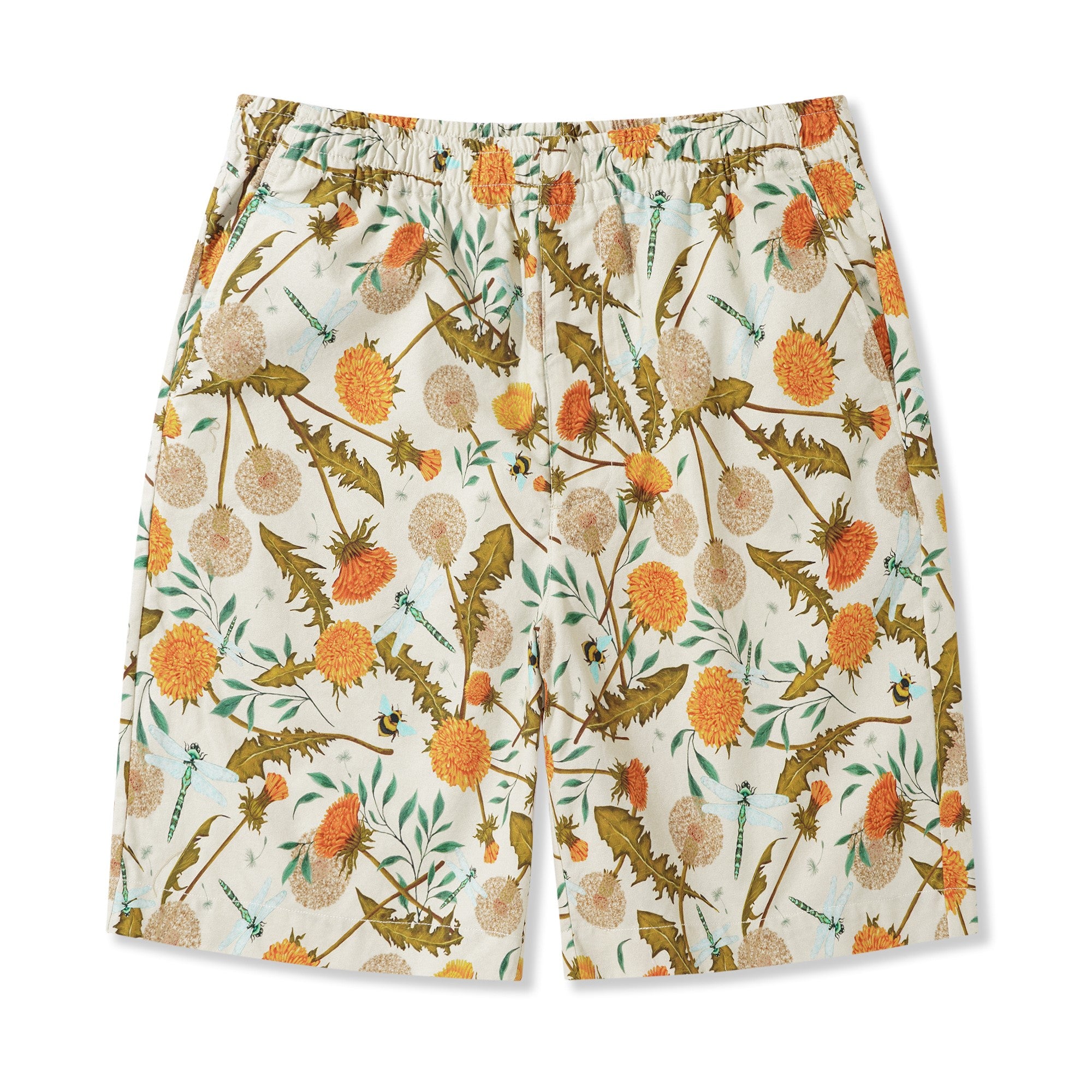 Men's Printed Floral Drawstring 100% Cotton Yellow Aloha Dandelions And Dragonflies By Silver Steer Design