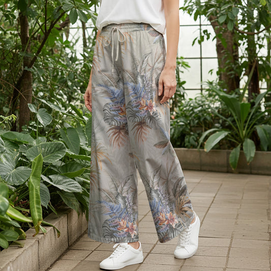 Women Casual Pants Lounge Elastic Waist Drawstring with Pockets 93% Lyocell, 7% Linen Gray Aloha Tropical Paradise Scroll