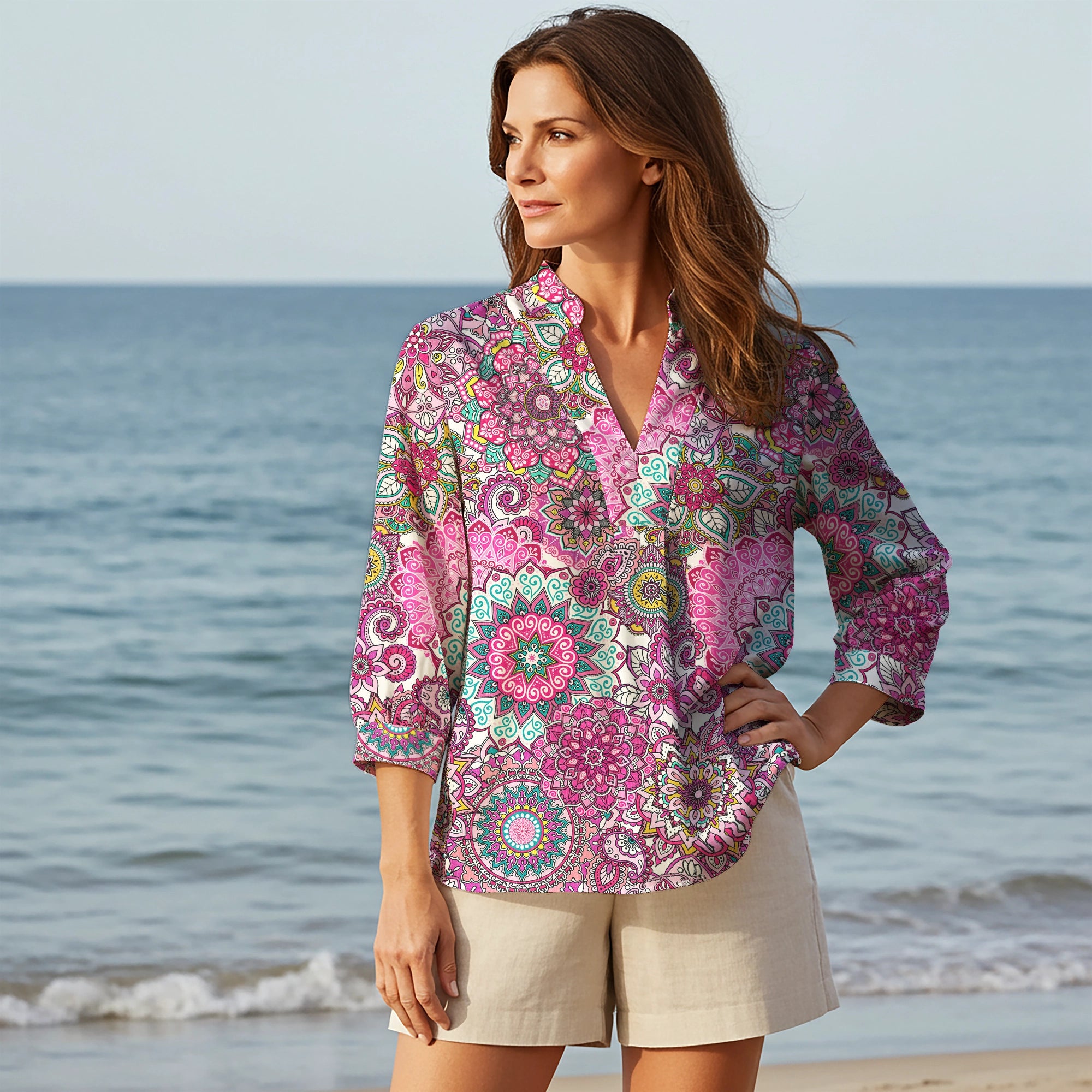 Women Casual Blouse 3/4 Sleeve V-neck Shirt Collar 100% Lyocell Red Aloha Pink Mandala