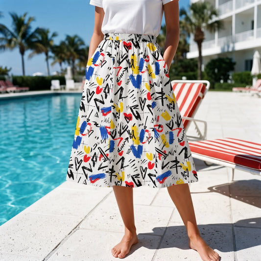 Women's white skirt with art-inspired brush strokes, elastic waist