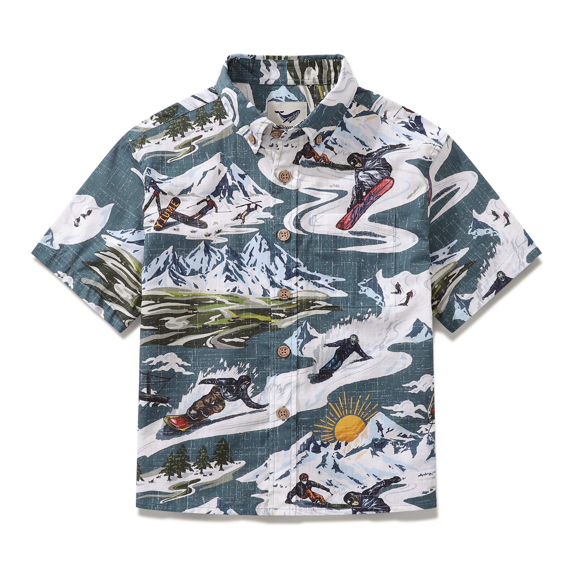 Children's Hawaiian Shirt Extreme Sports Series 2: Mountain Skiing Print Cotton Button-down Short Sleeve