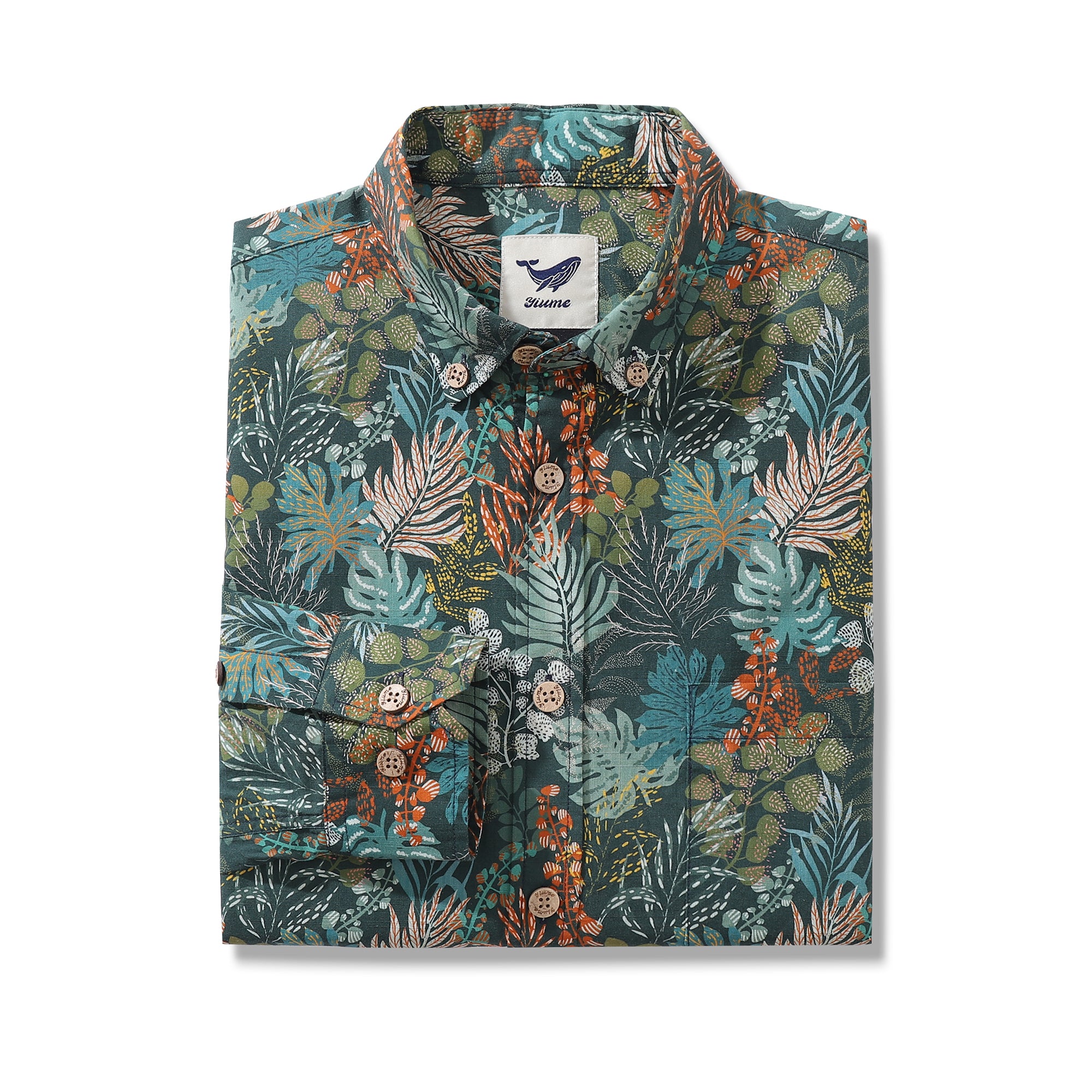 Men's Hawaiian Shirt Tropical Night Emerald Leaves Print By Annick Cotton Button-down Long Sleeve Aloha Shirt