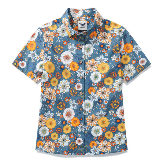 Chemise hawaïenne pour femmes Imprimé floral des années 60 par Samantha O' Malley Imprimé en coton Boutonnée à manches courtes