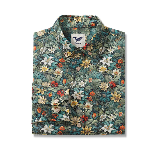 Herren Hawaii-Hemd Dschungel-Abenteuer-Druck Baumwolle Knopfverschluss Langarm Aloha-Hemd