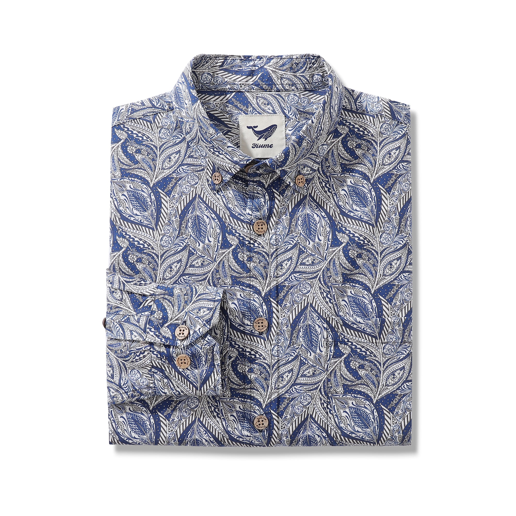 Men's Hawaiian Floral Pattern Series 1 Elm Tree Print Cotton Button-down Long Sleeve Aloha Shirt
