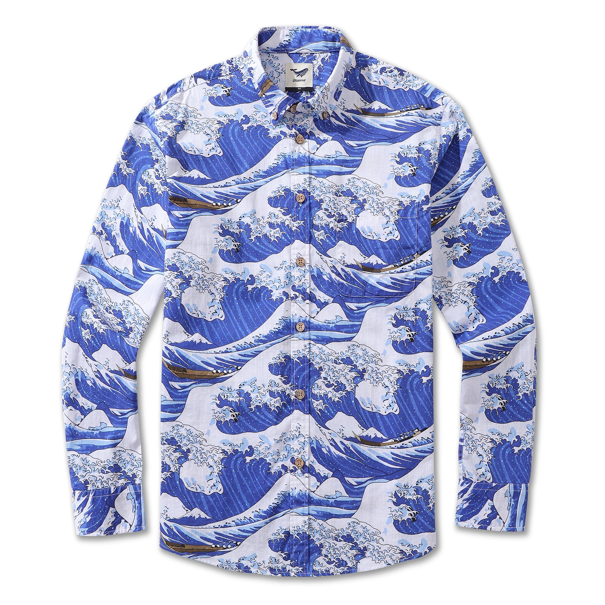Men's Hawaiian Shirt Ocean Waves Japanese Ukiyo-e Print Cotton Button-down Long Sleeve Aloha Shirt