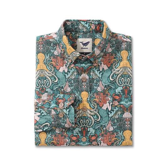 Men's Hawaiian Shirt Mermaid By Jillian Anderson Cotton Button-down Long Sleeve Aloha Shirt