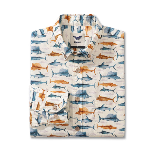 Camisa hawaiana para hombre Swordfish By Andersson Grace Camisa Aloha de manga larga con botones de algodón