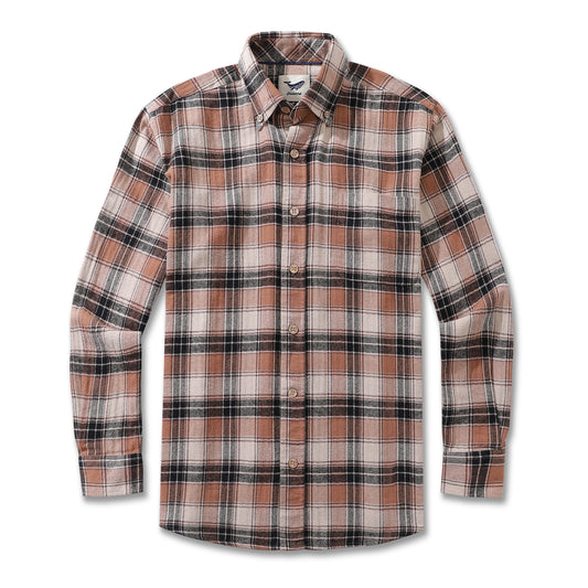 Men's Hawaiian Shirt Flannel Button-down Long Sleeve Classic Check Shirt - KHAKI