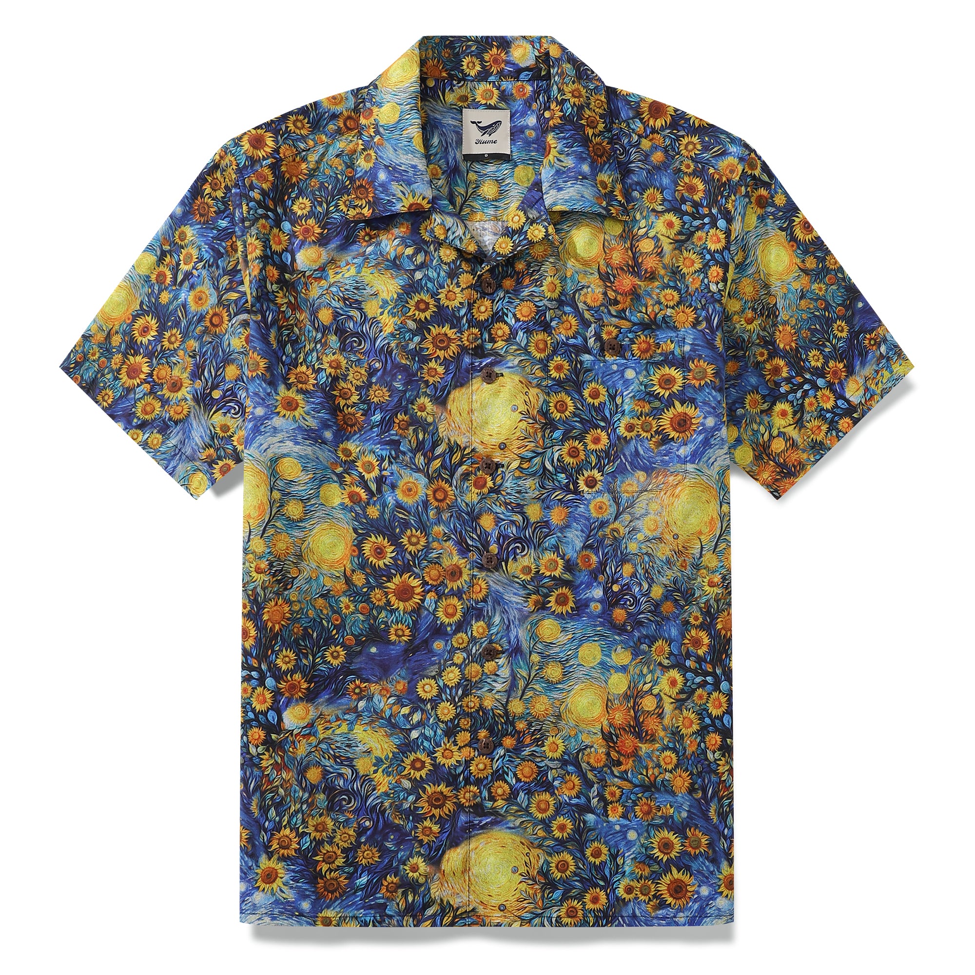 1960s Vintage Hawaiian Shirt For Men Van Gogh Sunflower Shirt Camp Collar 100% Cotton