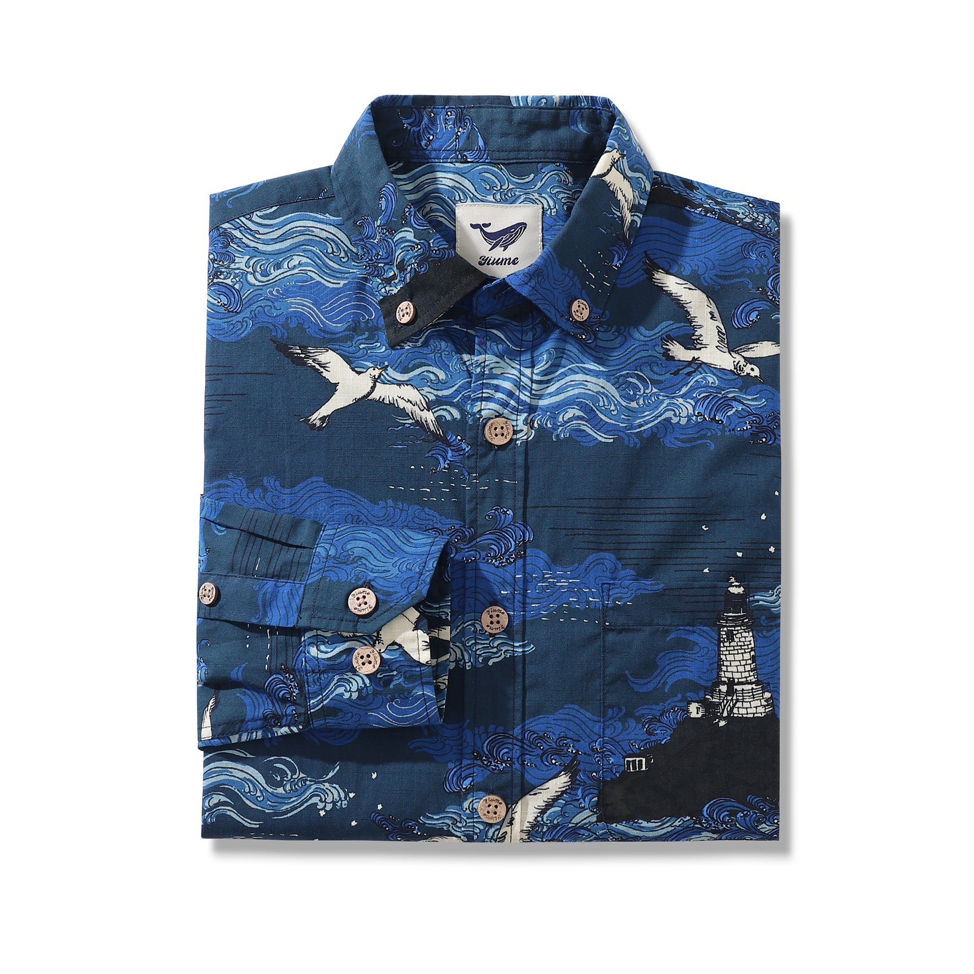 Men's Hawaiian Shirt Lighthouse By Alice Brown Cotton Button-down Long Sleeve Aloha Shirt