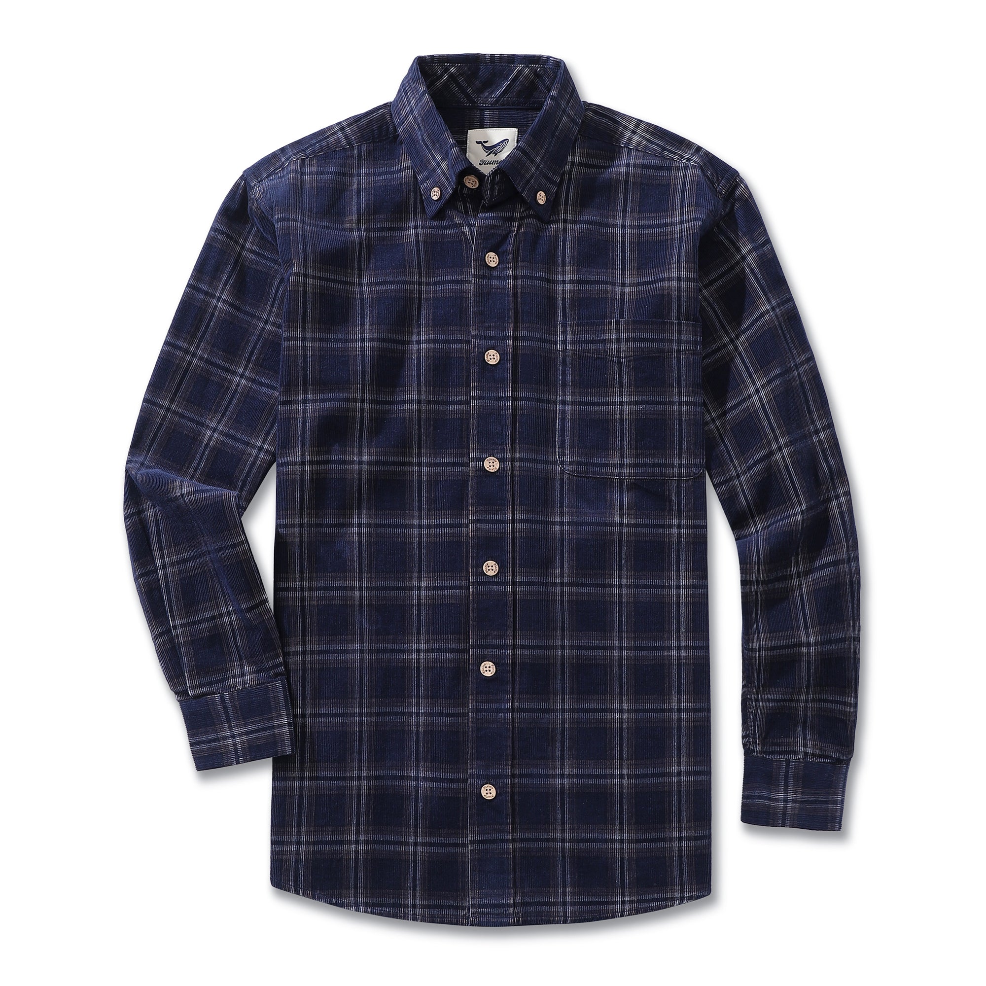 Men's Hawaiian Shirt Corduroy Button-down Long Sleeve Classic Check Shirt - NAVY BLUE
