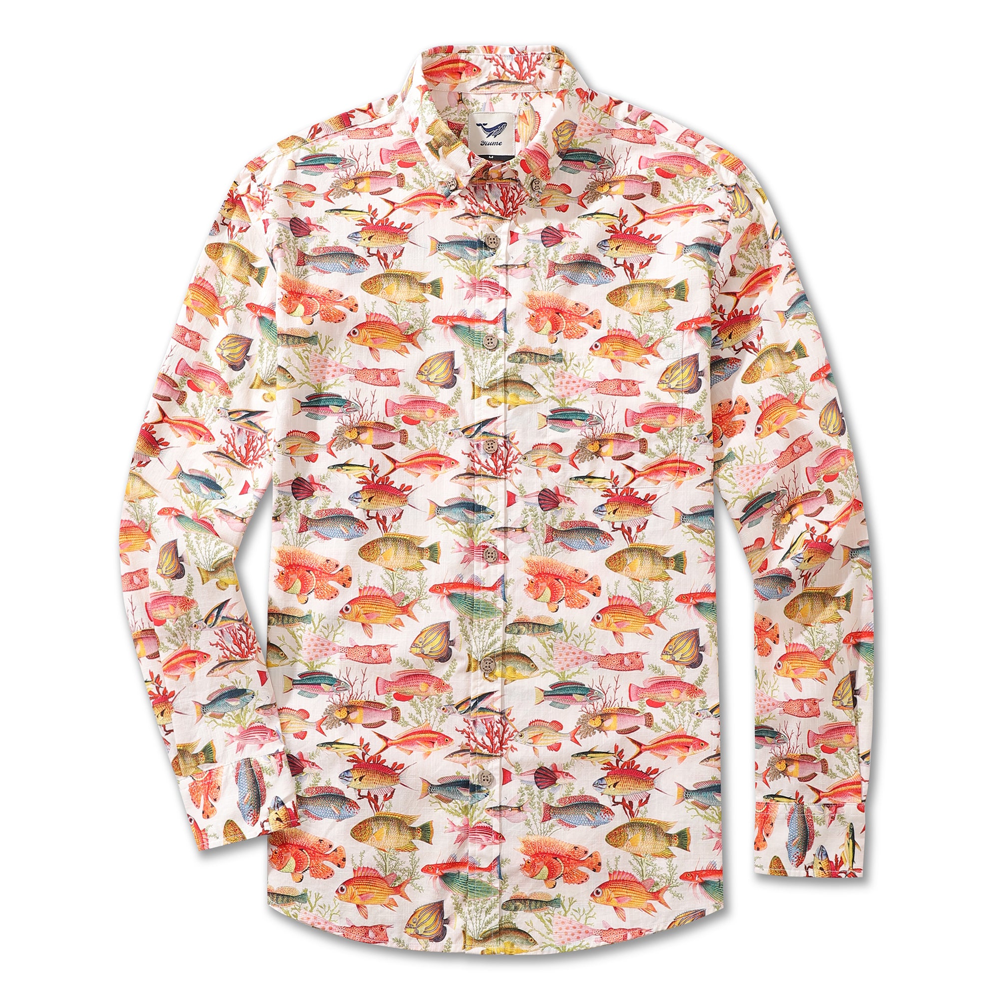 Men's Hawaiian Shirt Sea Ocean Fish Print Cotton Button-down Long Sleeve Aloha Shirt