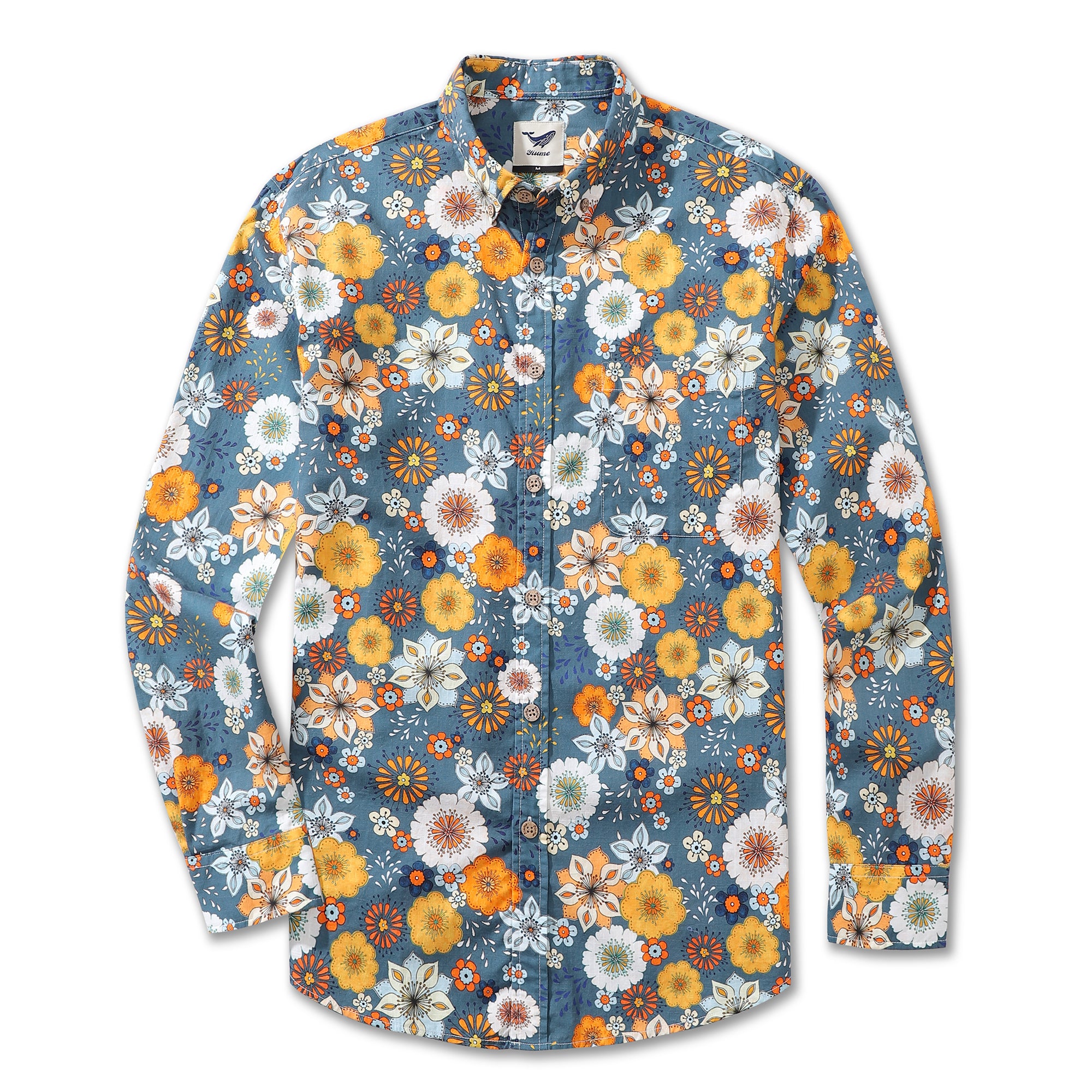Men's Hawaiian Shirt 60's Floral Print By Samantha O' Malley Cotton Button-down Long Sleeve Aloha Shirt