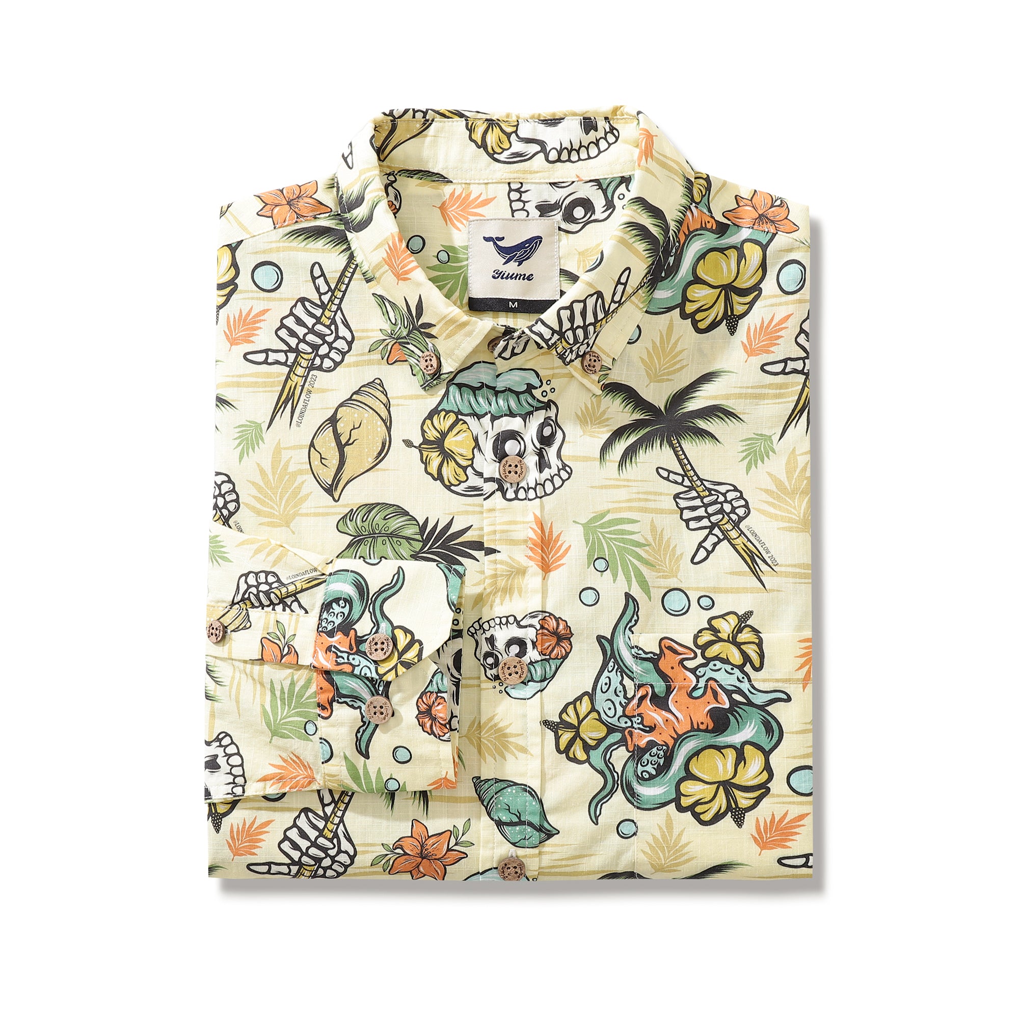 Chemise hawaïenne pour hommes, imprimé Mystic Tropics par Loinda Flow, chemise Aloha boutonnée en coton à manches longues