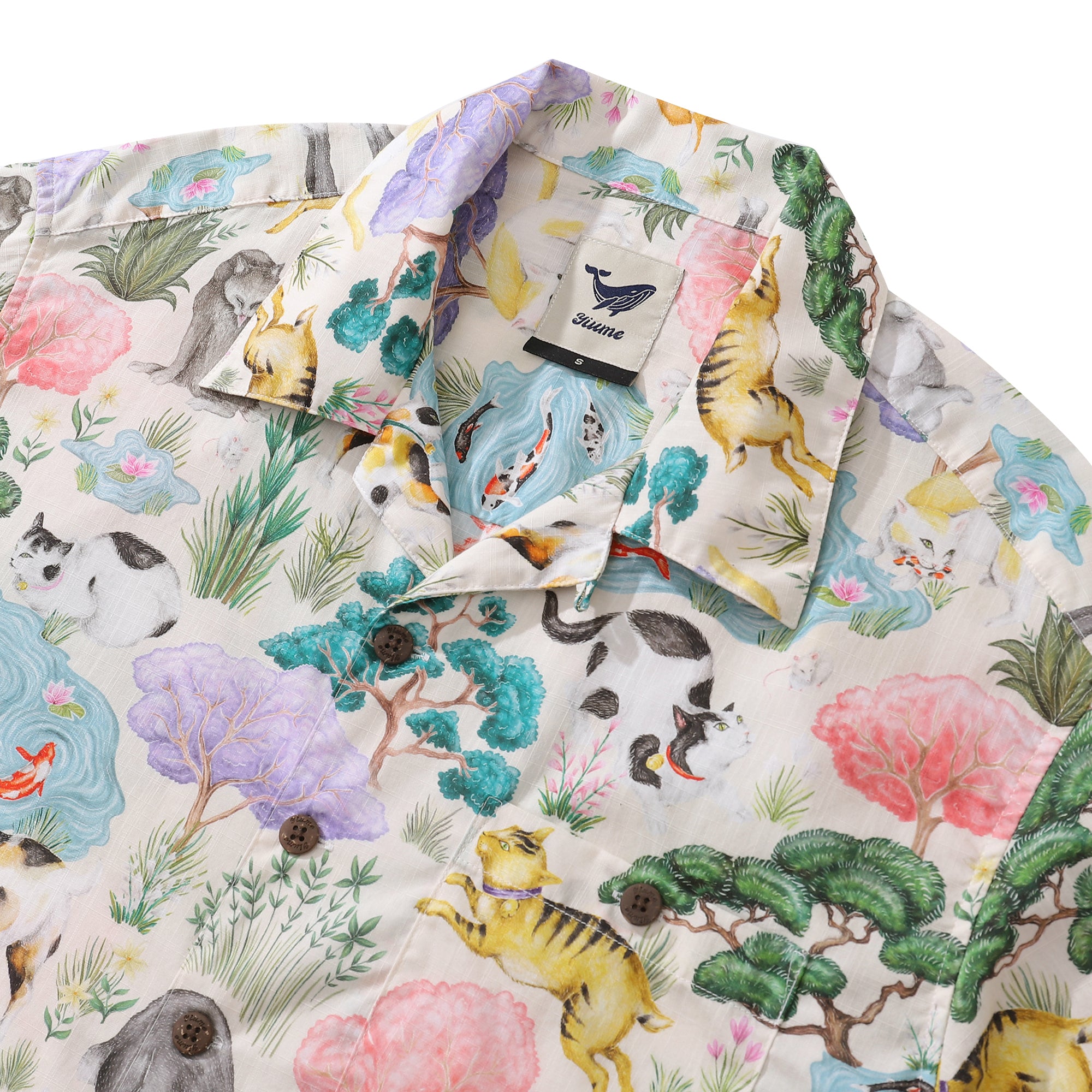 Japanese Hawaiian Shirt For Men Ukiyo-e Cats Print Shirt Camp Collar 100% Cotton Shirt