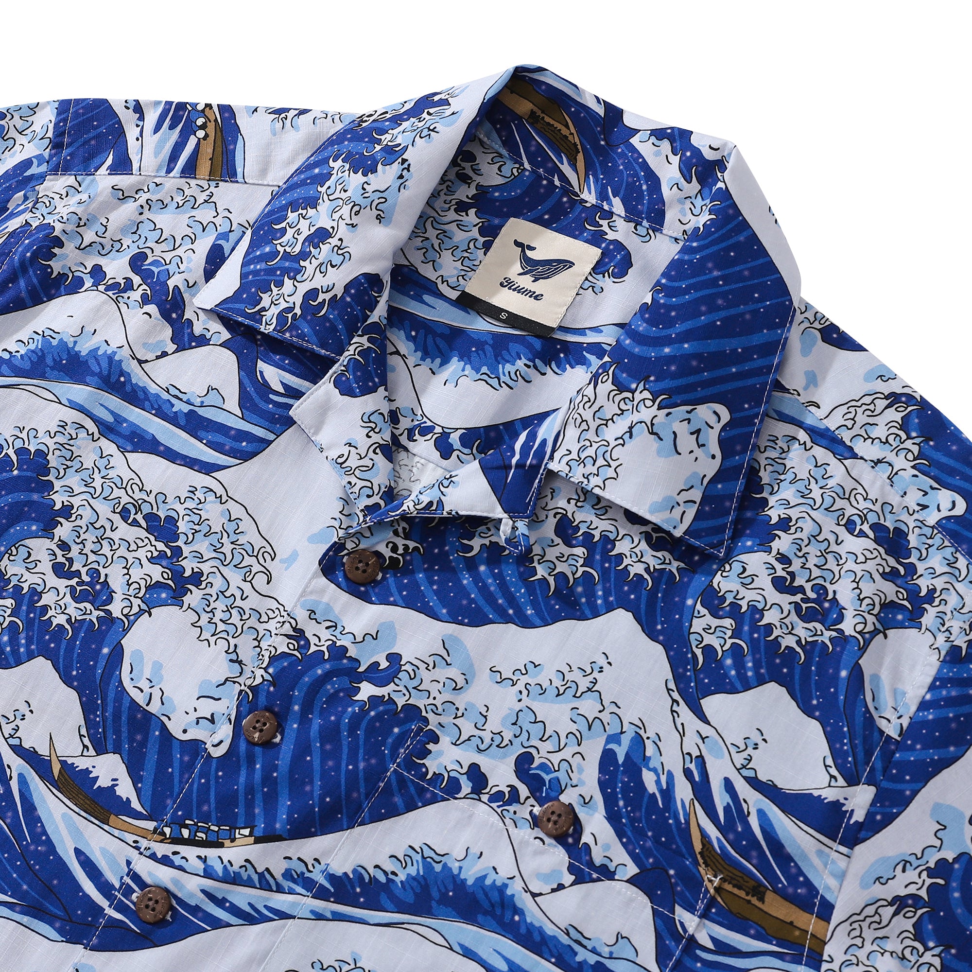 Hawaiian Shirt For Men Ocean Waves Japanese Print Shirt Camp Collar 100% Cotton