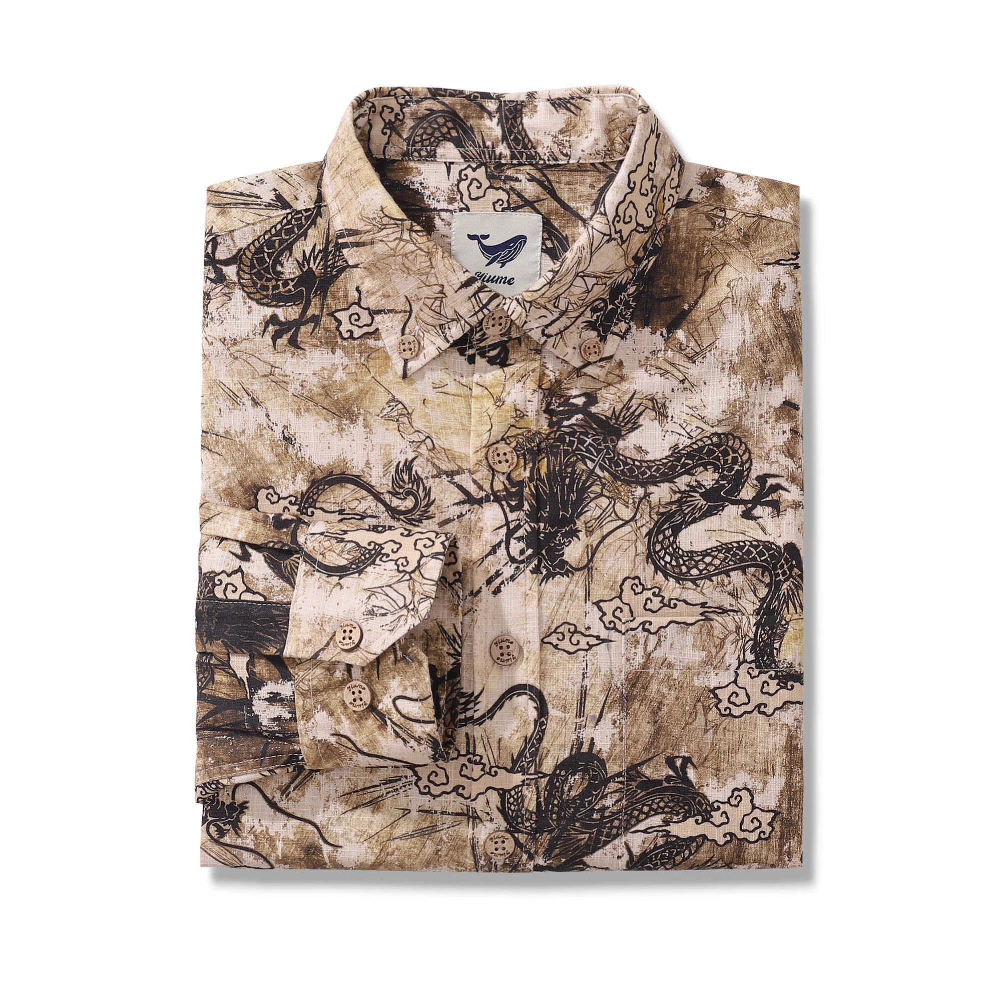 Long Sleeve Hawaiian Shirt For Men Dragon Totem Pattern Cotton Button-down Aloha Shirt