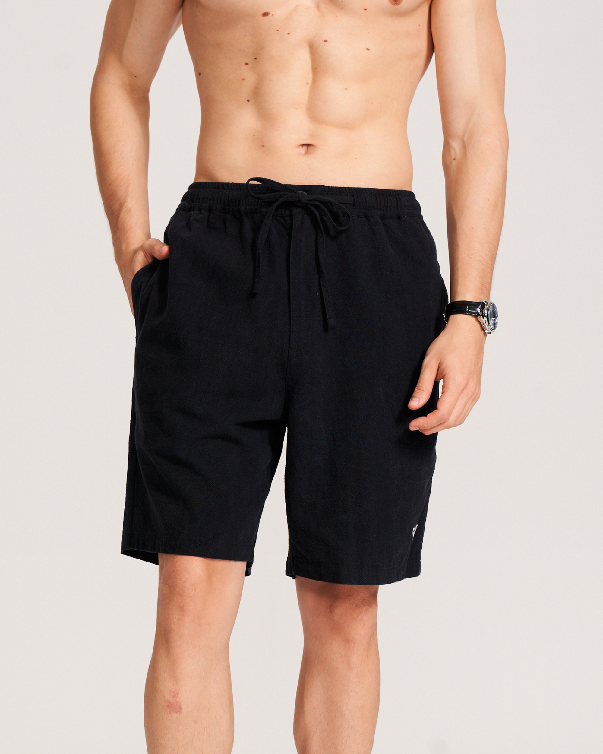Shorts en lin pour homme, taille mi-haute, coupe droite Bermuda 8-10 pouces, shorts à 5 poches - NOIR Version 3.0