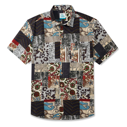 LeosWare® Men's Hawaiian Shirt Short Sleeve Button-up 100% Cotton Brown Aloha Vintage Patchwork Wonderland