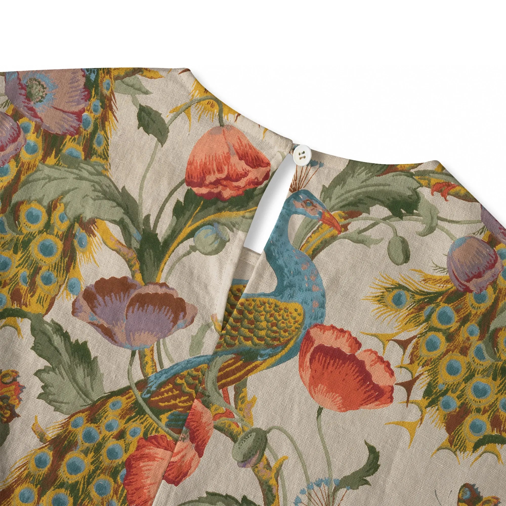 Back view of women's blouse with button-back, floral design