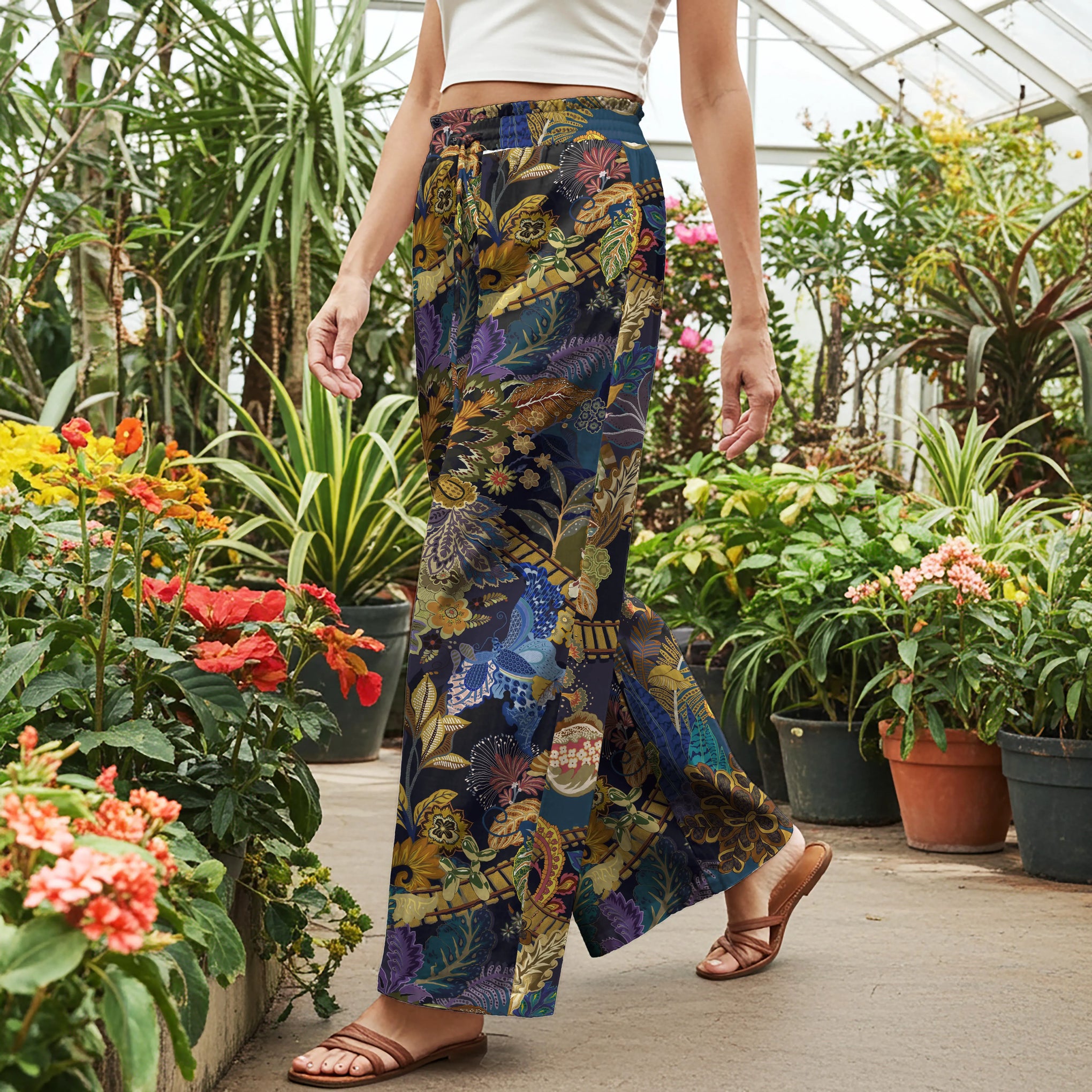 Women Casual Pants Lounge Elastic Waist Drawstring with Pockets 100% Cotton Brown Aloha Magic Plants Realm