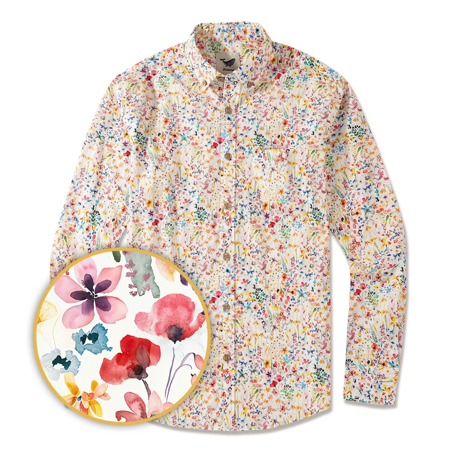 Men's Hawaiian Shirt Long Sleeve Button-down 100% Cotton Yellow Aloha Poetic Flower House