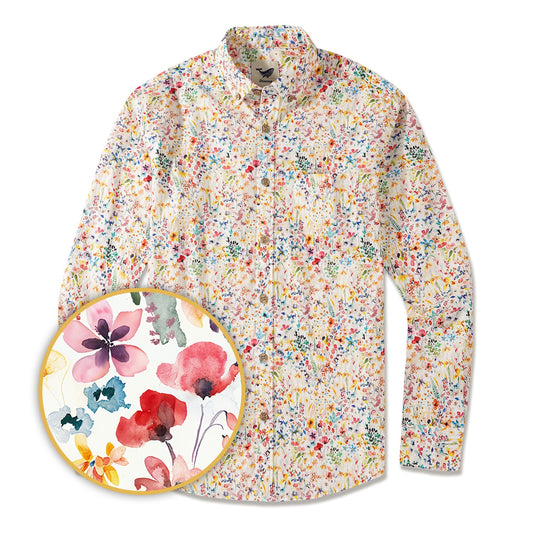 Men's Hawaiian Shirt Long Sleeve Button-down 100% Cotton Yellow Aloha Poetic Flower House