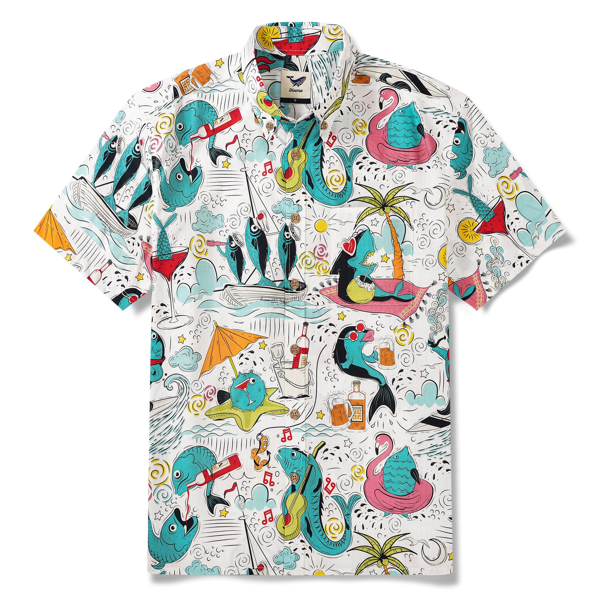 Men's Hawaiian Shirt Short Sleeve Button-down 100% Cotton Blue Aloha Fintastic Vacation By Pallavi Chaudhary