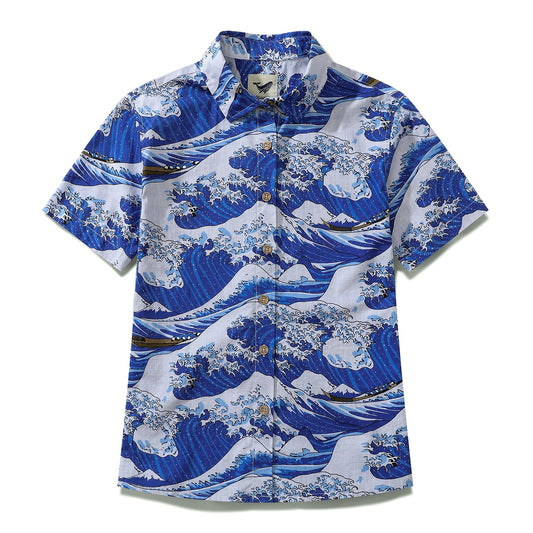 Women's Hawaiian Shirt Ocean Waves Japanese Ukiyo-e Print Cotton Button-up Short Sleeve Japanese Ukiyo-e Women Shirt
