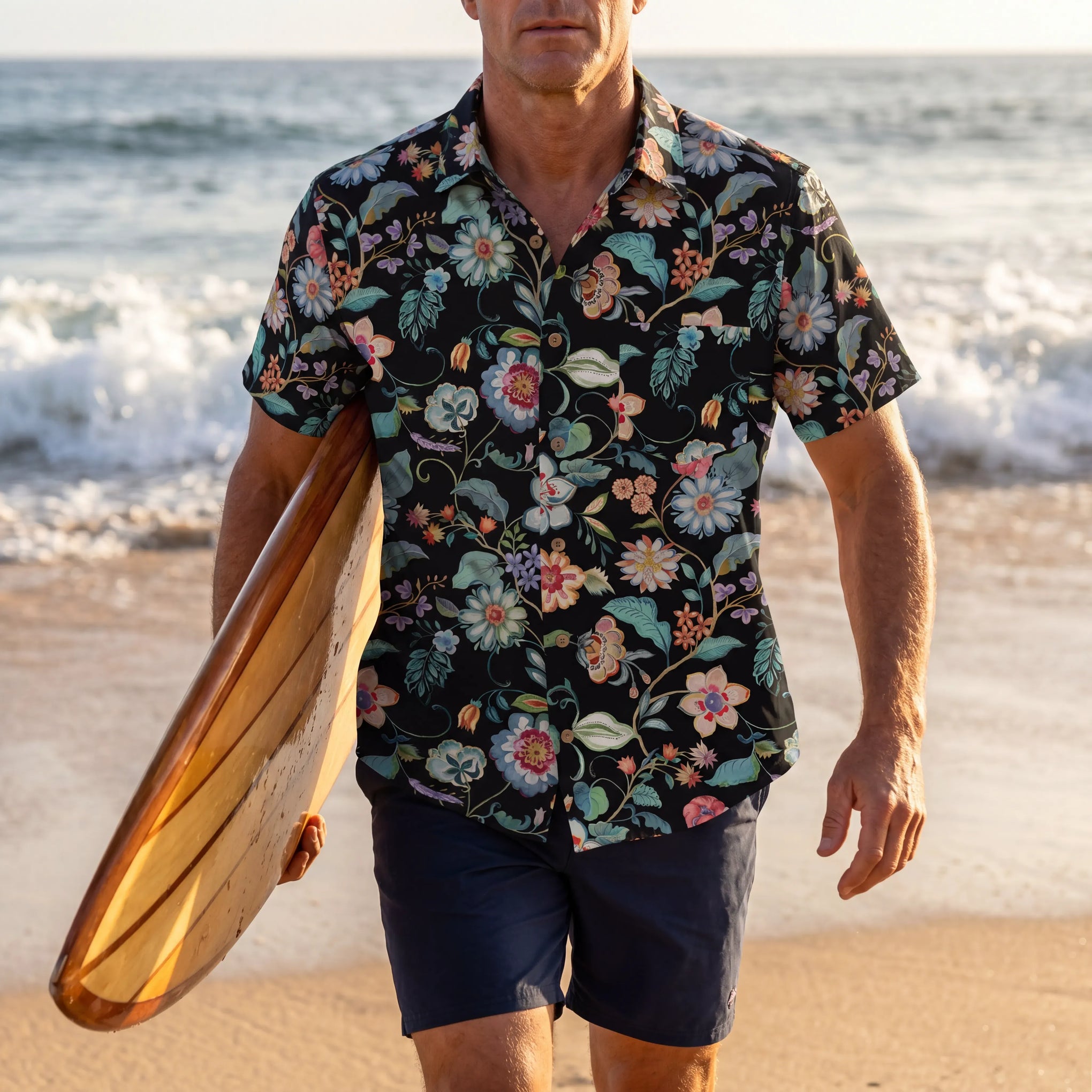 Men's Hawaiian shirt, art-inspired floral design, button-up