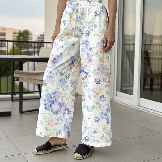 Women Casual Pants Lounge Elastic Waist Drawstring 100% Cotton Blue Aloha Soft Blue Nocturne