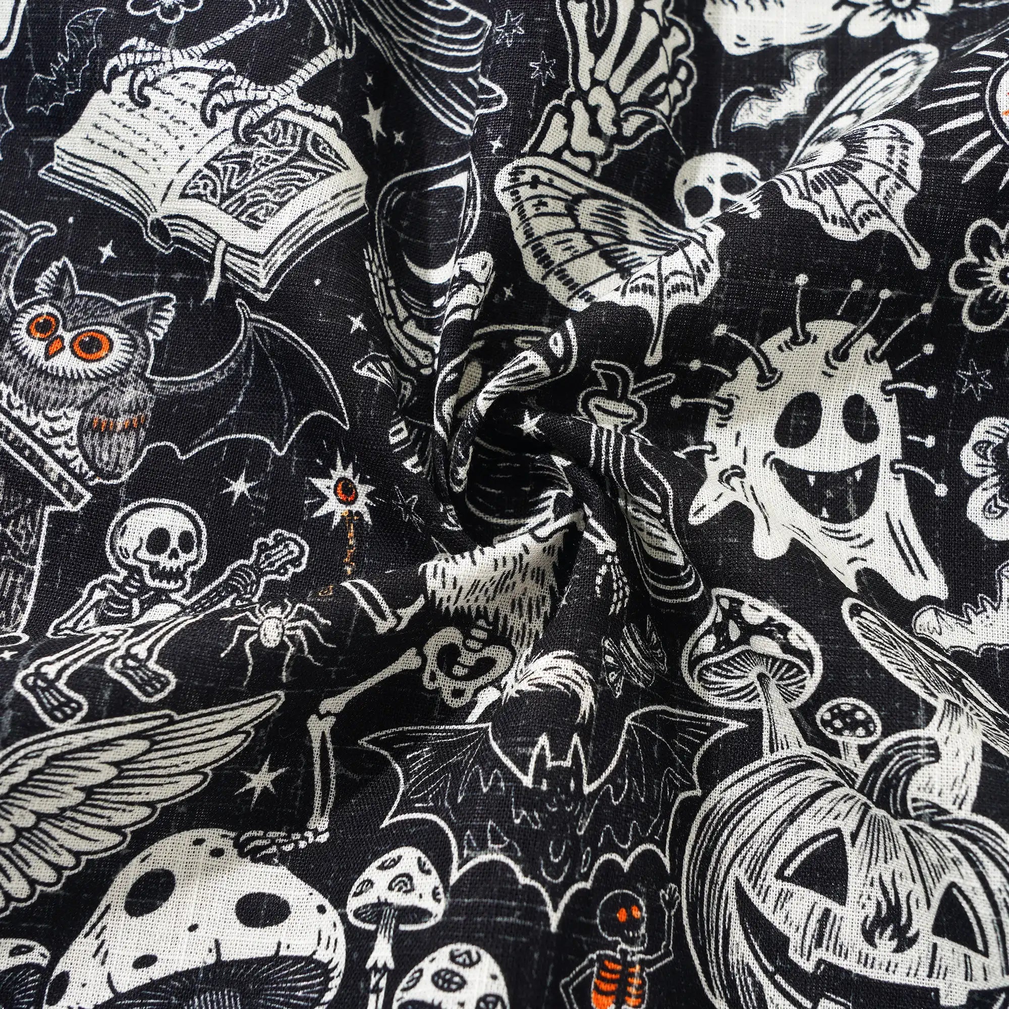 Men's Hawaiian Shirt Long Sleeve Button-down 100% Cotton Black Aloha Halloween Bash