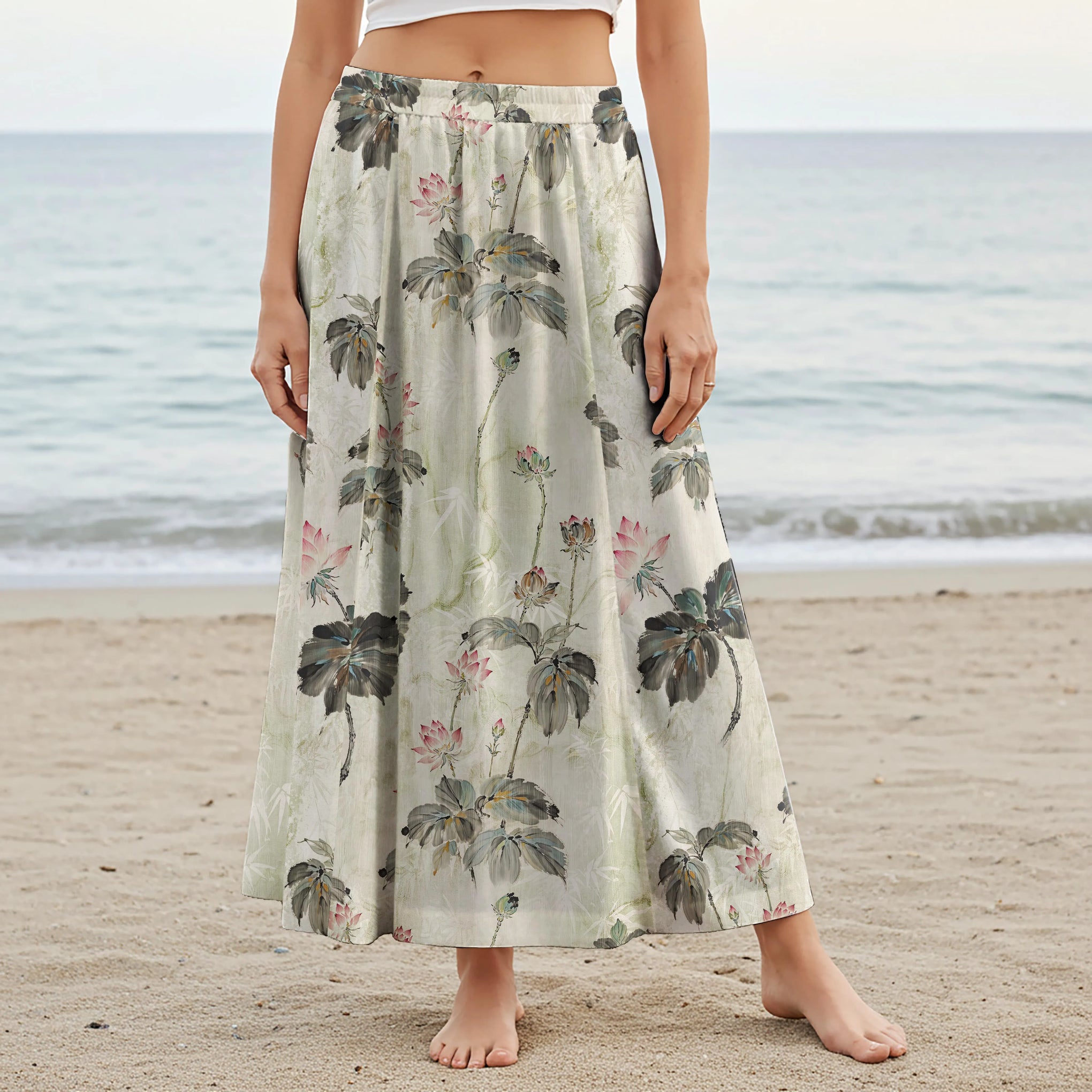 Women Casual Maxi Skirt Long Elastic Waist with Pockets 100% Cotton Green Aloha Lotus Charm