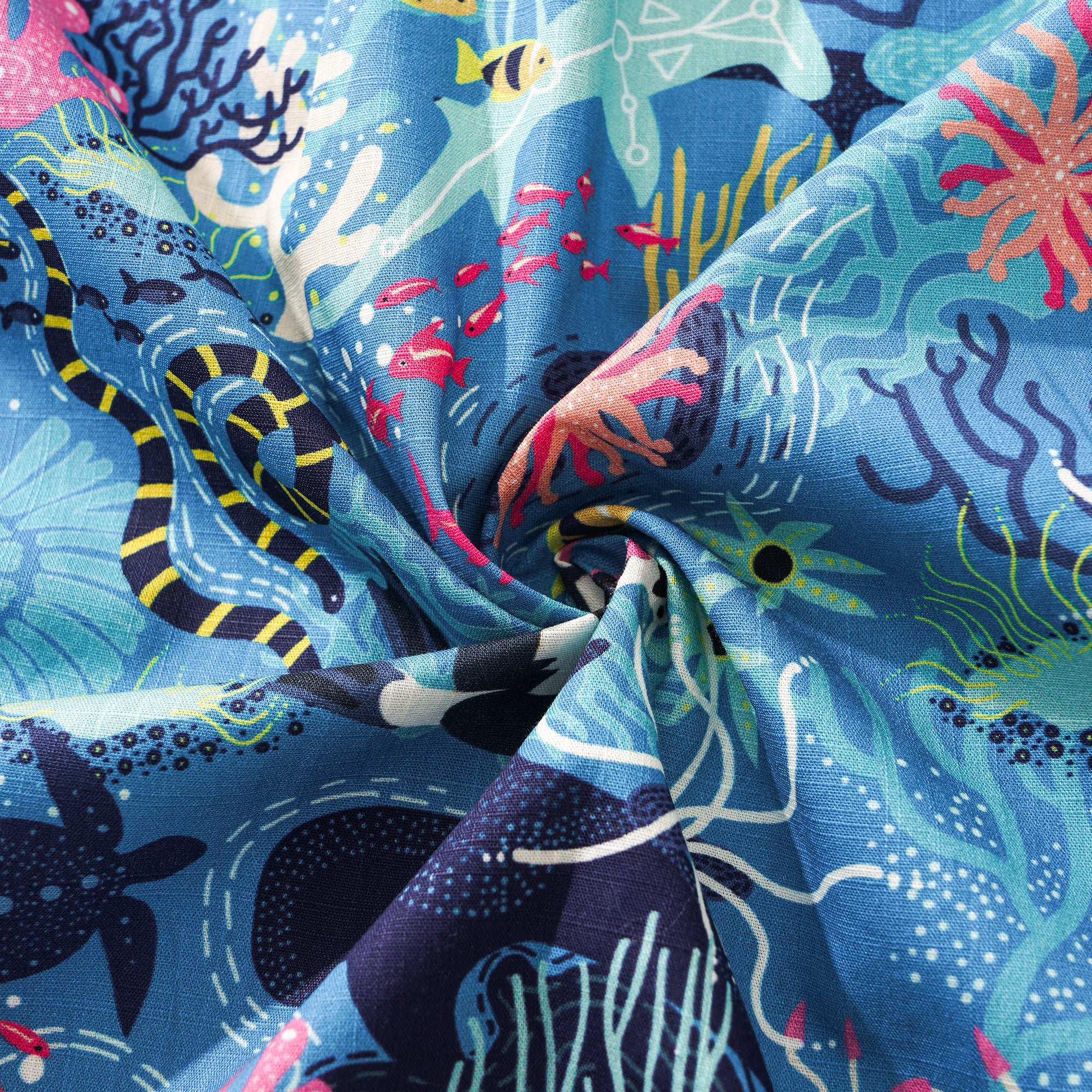 Chemise hawaïenne bleue masculine Fish & Turtle chemise à manches courtes à manches courtes 100% coton bleu aloha plongée chiot