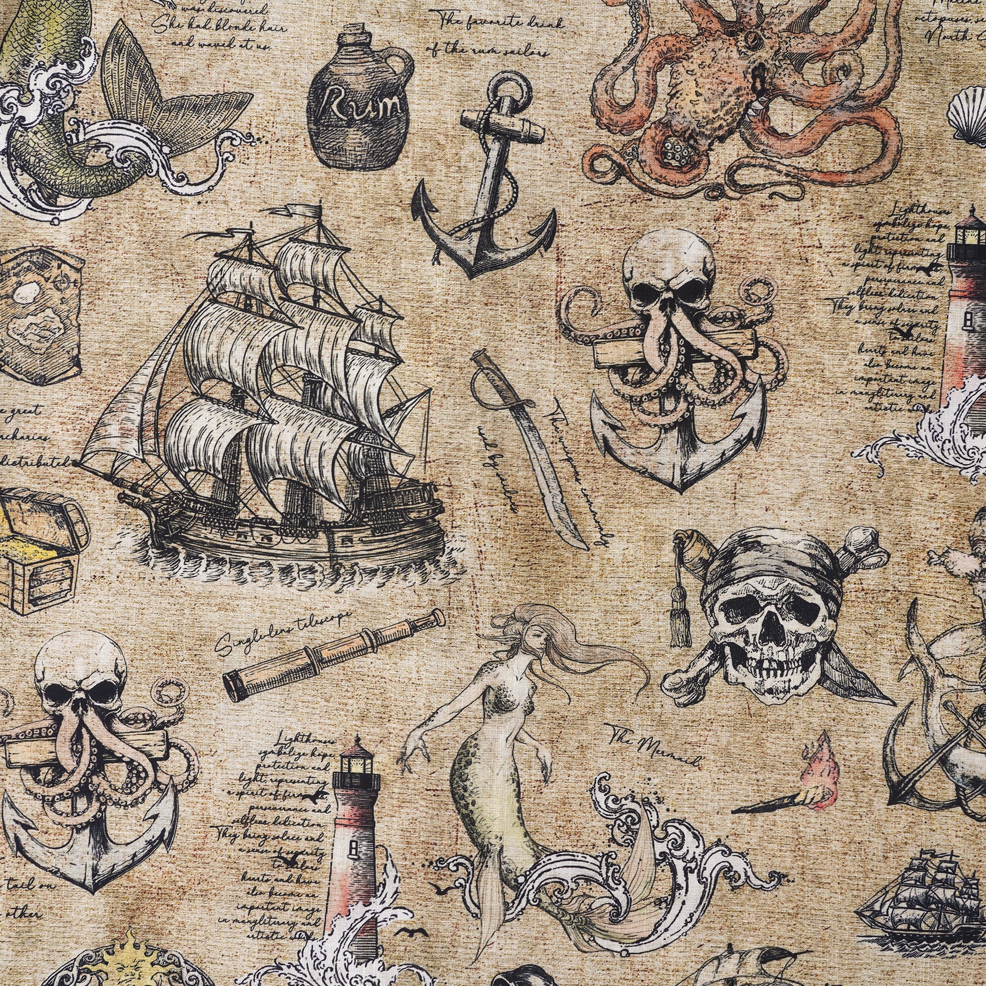 Men's Hawaiian Shirt Short Sleeve Button-down 100% Cotton Beige Aloha Pirate’s Log: The Sea Monster