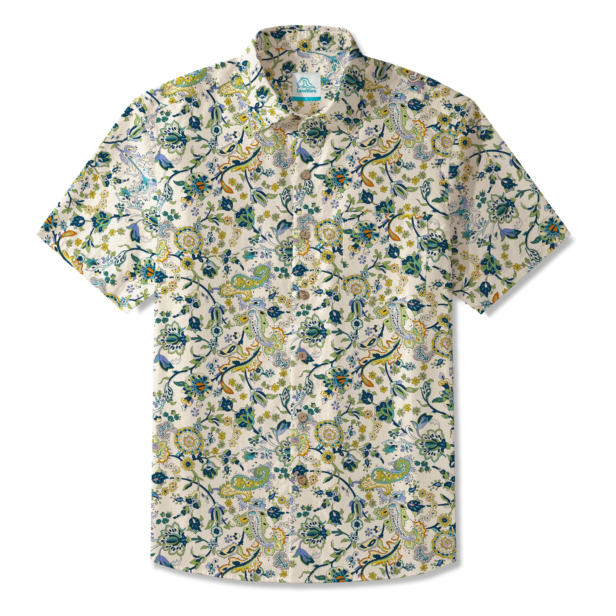 LeosWare® Men's Hawaiian Shirt Short Sleeve Button-up 100% Cotton Green Aloha Vintage Almond Blossom