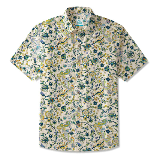 LeosWare® Men's Hawaiian Shirt Short Sleeve Button-up 100% Cotton Green Aloha Vintage Almond Blossom