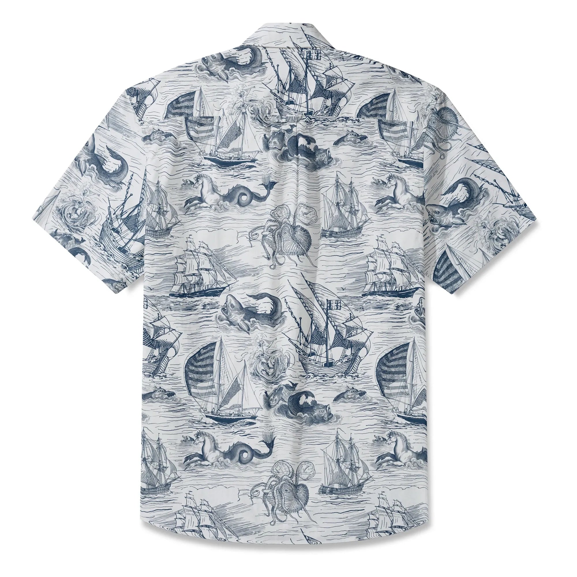 Front view of blue Hawaiian shirt with sea expedition theme