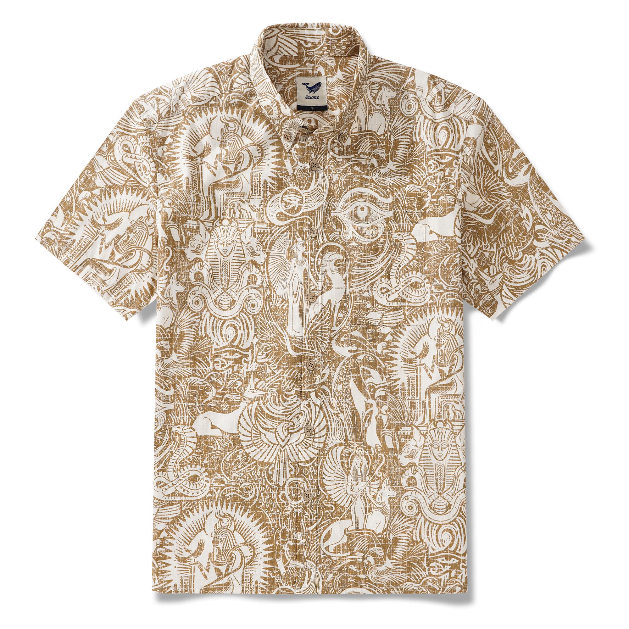Chemise hawaïenne masculine à manches courtes à manches courtes 100% coton Brown Aloha Mythologie égyptienne ancienne