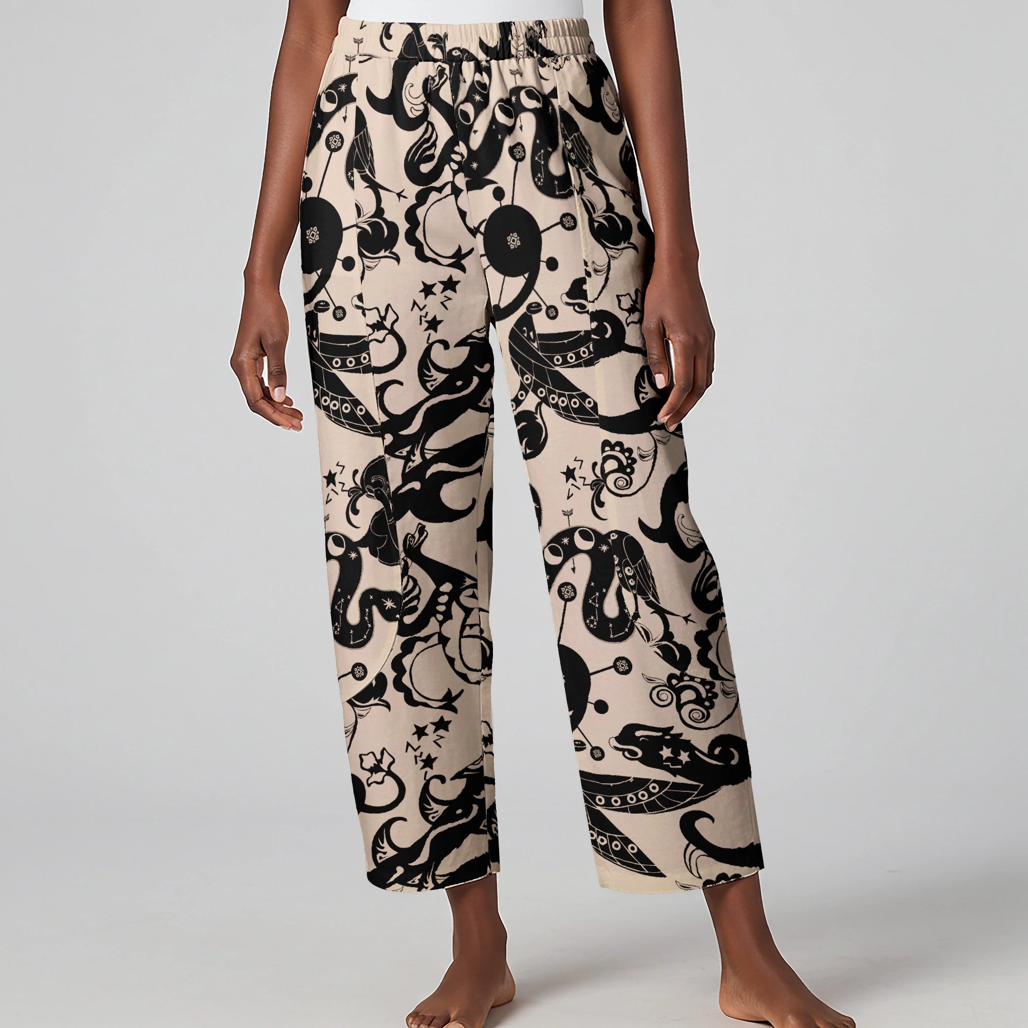 Women Casual Ankle Pants Lounge Elastic Waist with Pockets 93% Lyocell, 7% Linen Black Aloha Mystical Star Trails