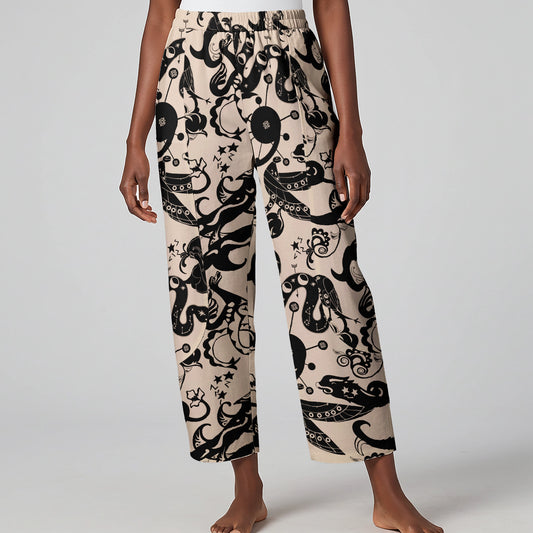 Women Casual Ankle Pants Lounge Elastic Waist with Pockets 93% Lyocell, 7% Linen Black Aloha Mystical Star Trails