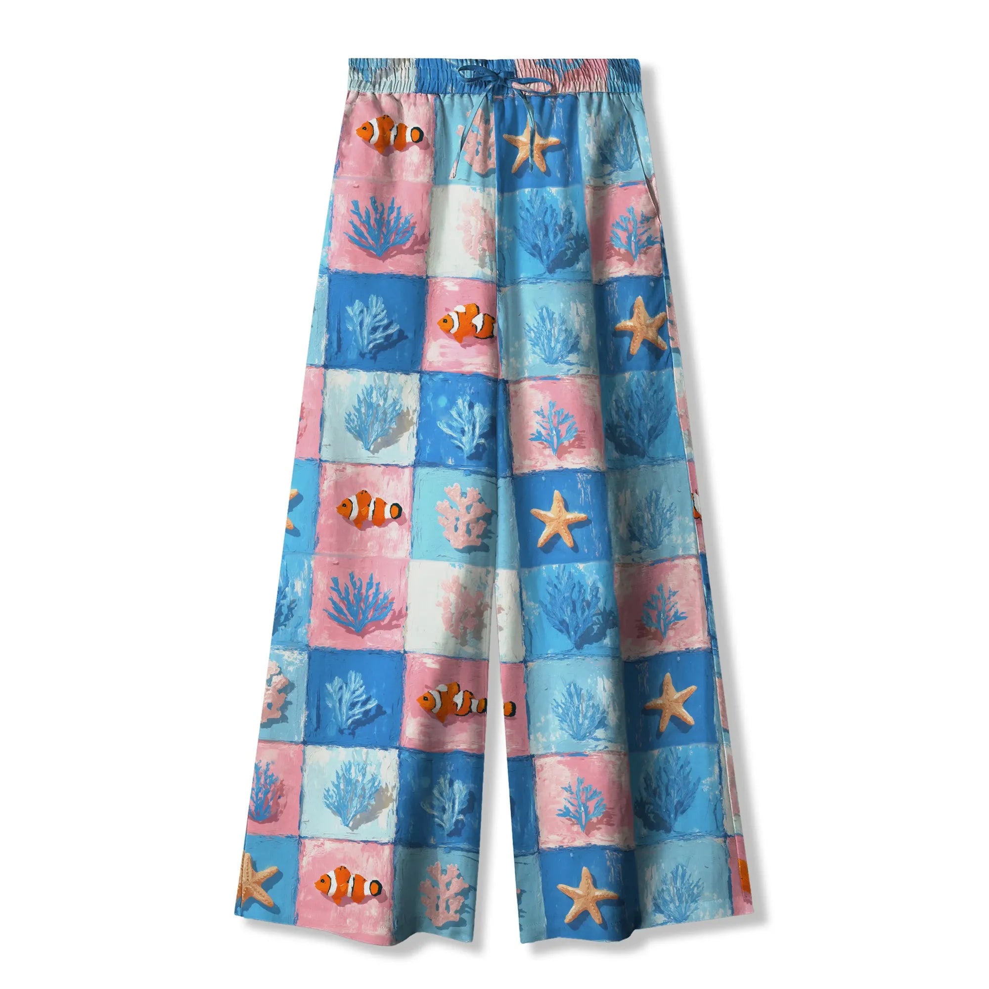 Blue Floral Plaid Women's Pants for Vacation Wear
