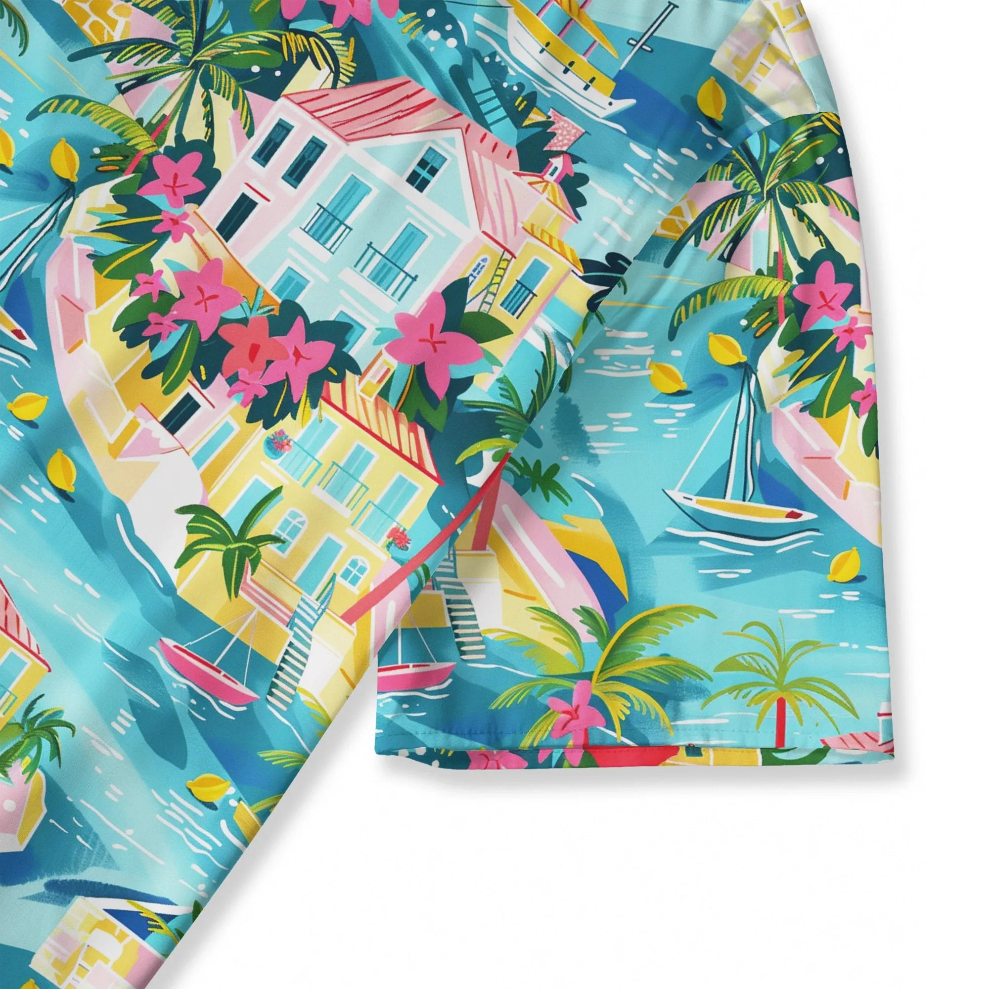 Elbow sleeve crew neck blouse with vibrant tropical scene